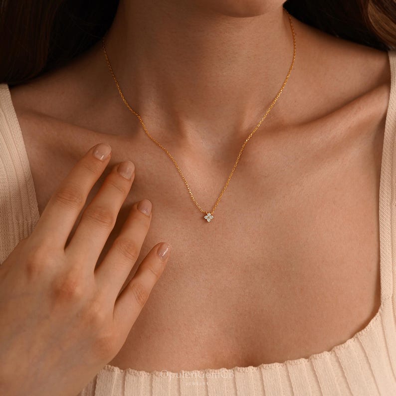 Dainty Four Leaf Clover Necklace, Sterling Silver Charm Necklace, Minimalist Diamond Necklace, Bridesmaid Gifts, Mothers Day Gifts for Her