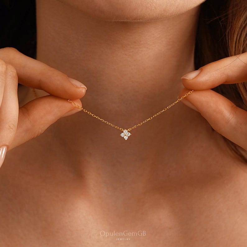 Dainty Four Leaf Clover Necklace, Sterling Silver Charm Necklace, Minimalist Diamond Necklace, Bridesmaid Gifts, Mothers Day Gifts for Her