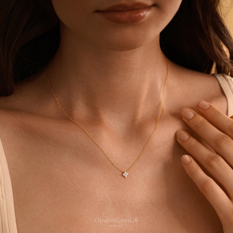 Dainty Four Leaf Clover Necklace, Sterling Silver Charm Necklace, Minimalist Diamond Necklace, Bridesmaid Gifts, Mothers Day Gifts for Her
