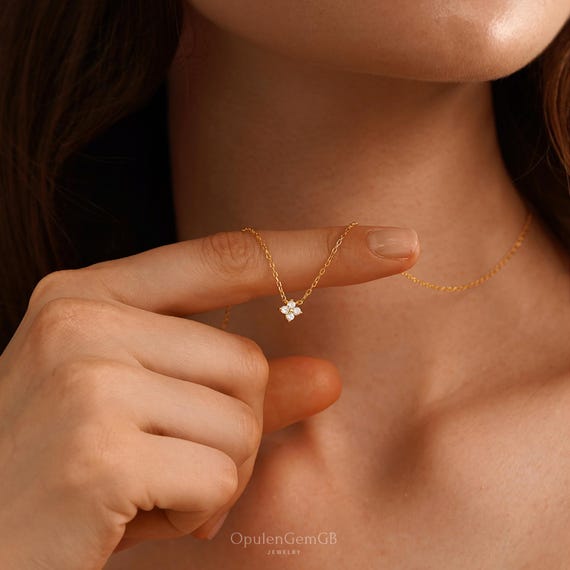 Dainty Four Leaf Clover Necklace, Sterling Silver Charm Necklace, Minimalist Diamond Necklace, Bridesmaid Gifts, Mothers Day Gifts for Her