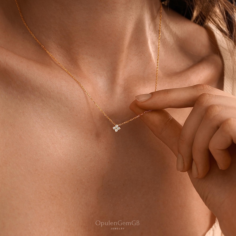 Dainty Four Leaf Clover Necklace, Sterling Silver Charm Necklace, Minimalist Diamond Necklace, Bridesmaid Gifts, Mothers Day Gifts for Her