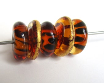 Large Tiger and Gold Lampwork Beads - Set of 5