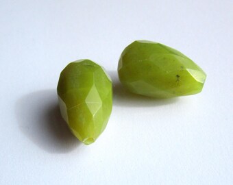 2 Faceted Lime Green Jade Teardrop Beads - 20mm Vertical Drill Pair