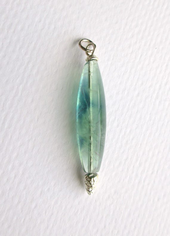 Aqua Blue Green Fluorite Pendant 35mm Elongated Fine Silver End Caps Gemstone Pendant