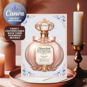 Bearbeitbare rosa Parfümflasche Einladung, glamouröse Geburtstagsfeier Vorlage, sofortiger Download, druckbare Party einladen, anpassbares Design