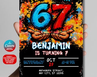 Six Seven Birthday Invitation, I was 6 now I'm 7 Invitation, Editable 6-7 Meme Party Invite, Trendy 7th Birthday, Canva Digital Invitation