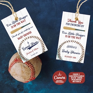 Baseball Baby Shower Favor Tags – Customizable Little Slugger Baby Shower Decor – Sports Theme Party Tags – Grand Slam Baby Shower Favors