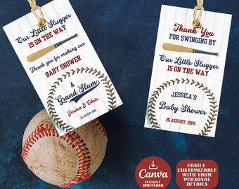 Etiquetas para baby shower de béisbol – Decoración personalizable para baby shower de Little Slugger – Etiquetas para fiesta con temática deportiva – Recuerdos para baby shower de Grand Slam