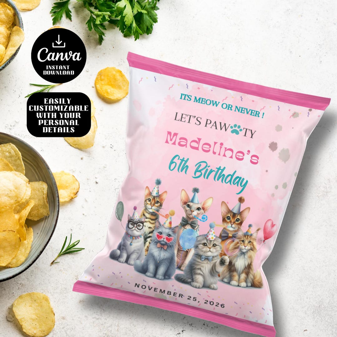 Cat Lable Personalized Cat-themed Chip Bag Label | Canva Editable Template ...