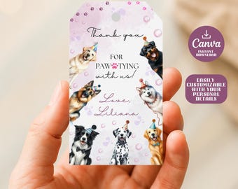 Editable Puppy Pawty Favor Tag Canva Template, Dog Birthday Thank You Tag, 2x3.5 Printable Pet Party Label, Custom Kids Party