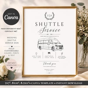May include: A wedding shuttle service sign in a gold frame featuring a black and white line drawing of a passenger van. The text includes SHUTTLE Service, COMPLIMENTARY WEDDING SHUTTLE, hotel to venue, venue to hotel, and TRISHA & PAUL 30.09.20XX.