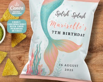 Editable Mermaid Chip Bag Wrapper Canva Template, Under the Sea Birthday Favor | Printable Splish Splash Party Snack Bag Design Ocean Theme
