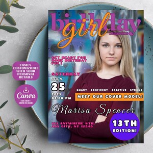 Magazine Cover Birthday Invitation, Editable 5x7 Canva Template, Customizable Photo, Text, and Colors, Unique Magazine Style Birthday Invite
