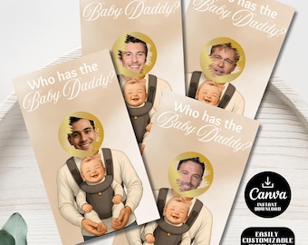 Op de afbeelding: Kaarten met de tekst "Who has the Baby Daddy?" tonen illustraties van een baby die wordt vastgehouden door een persoon met het gezicht van een beroemdheid in een gouden cirkel. De kaarten zijn aanpasbaar.