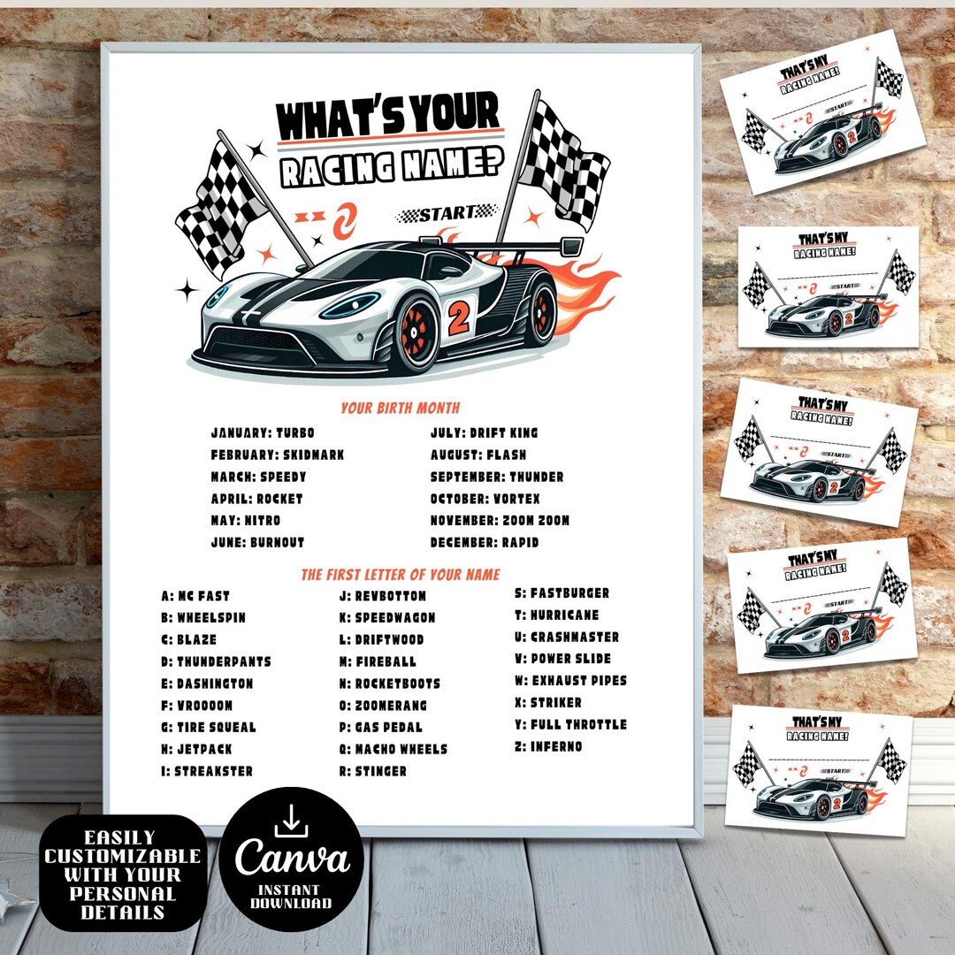 What's Your Racing Name Birthday Game, Customizable Racing Game & Name ...