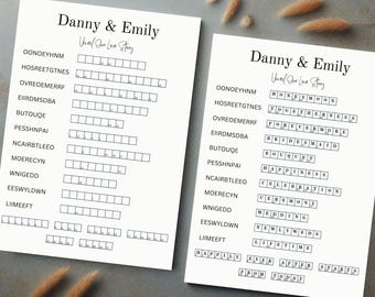 May include: Two printable crossword puzzles with the words "Danny & Emily" and "Our Love Story" at the top. The puzzles are filled with wedding-related words like "honeymoon", "togetherness", "forevermore", "bridesmaid", "bouquet", "happiness", "celebration", "ceremony", "wedding", "newlyweds", "lifetime", "ever after", and "starts from today".