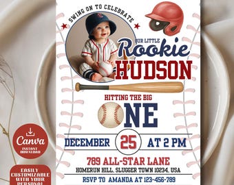 Editable Baseball First Birthday Invitation | Rookie of the Year Birthday Invite | Canva Template | 1st Birthday Printable | Photo Card