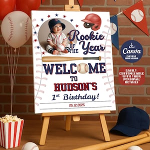 Baseball Rookie of the Year Birthday Welcome Sign | 1st Birthday Party Decor | Editable Canva Template | Instant Download | 7 Sizes Included
