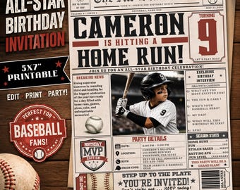 May include: A baseball-themed birthday invitation in a newspaper style. The headline reads "Cameron is Hitting a Home Run!" with party details and a photo of a young baseball player. Includes text: "Edit Print Party!"