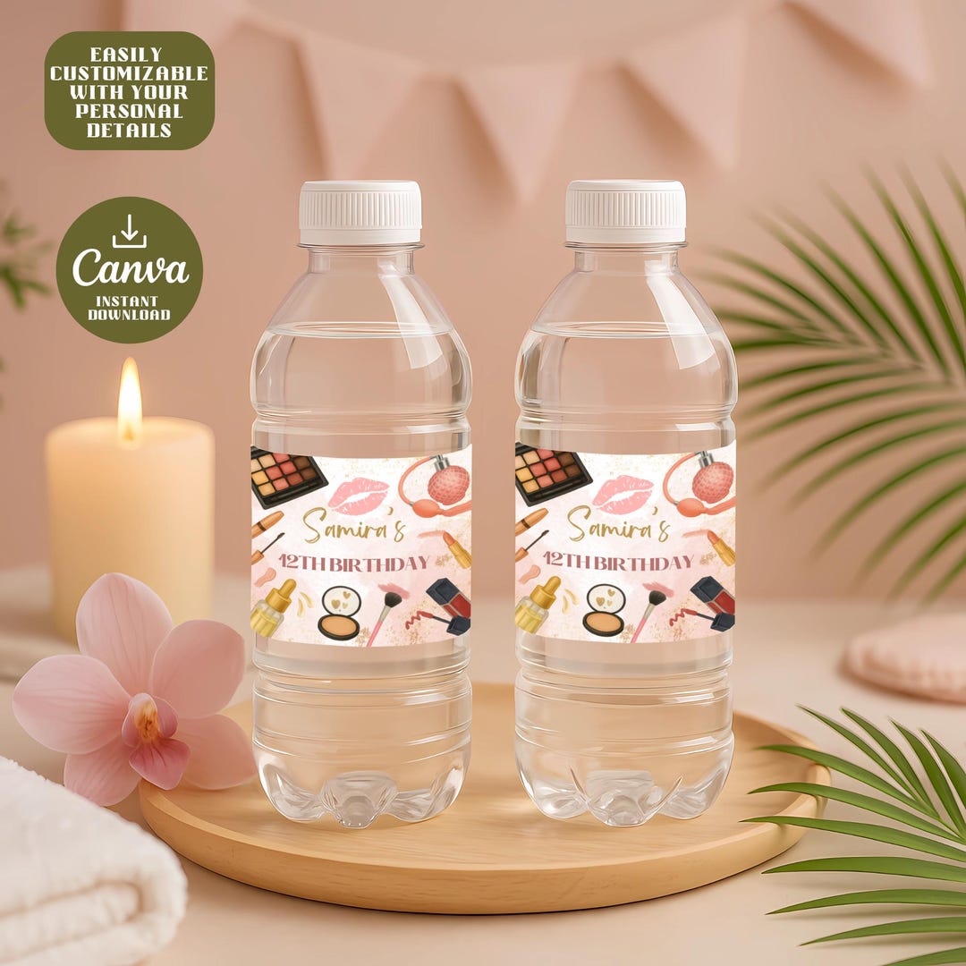 Spa Glam Water Bottle Labels, 8x2 Inch Editable Canva Template, Glamour ...