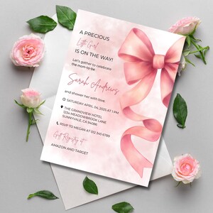 Bearbeitbare Babypartyeinladung für Mädchen, elegante rosa Schleifen-Babyparty einladen, druckbare digitale Karte | Blush Ribbon Design, anpassbar