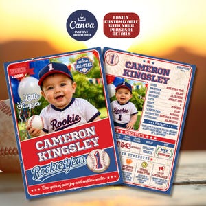 Puede incluir: Tarjeta de cumpleaños con temática de béisbol con un niño pequeño con uniforme de béisbol. La tarjeta tiene un esquema de color rojo, blanco y azul con el texto "Rookie Year" y el nombre del niño. La tarjeta incluye la altura del niño como 63.5 cm.