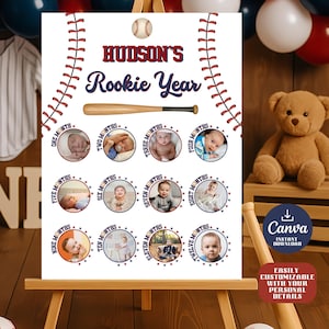 Baseball Rookie Year Photo Collage Poster, Editable Canva Template, First Birthday Baseball Party Decoration, Milestone Monthly Photo Banner