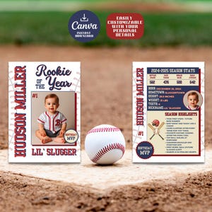 Benutzerdefinierte Rookie des Jahres Baseballkarte, 1st Geburtstag Stat Card, druckbare und bearbeitbare Vorlage, Baseball Thema Geburtstagsdekoration, Spielerkarte
