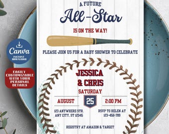Modèle d'invitation pour baby shower de baseball, faire-part modifiable baby shower de garçon, invitation pour baby shower à thème sportif, nouveau MVP | Fête prénatale des recrues