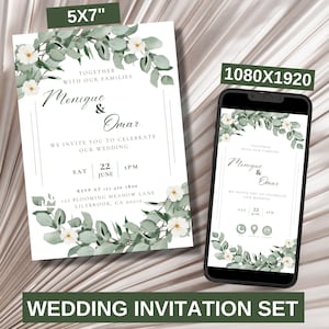 Elegante juego de invitaciones de boda con vegetación, invitación de boda digital con enlaces a RSVP, lugar y registro de regalos, invitación interactiva