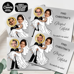 May include: A set of silver scratch-off cards with a cartoon bride and groom design. Each card features a different celebrity face in a gold circle. The text "Find Christina's Perfect Match" and "Scratch to win!" are also displayed.