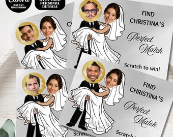 Op de afbeelding: Een set zilveren kraskaarten met een cartoon bruid en bruidegom ontwerp. Elke kaart heeft een ander beroemd gezicht in een gouden cirkel. De tekst "Find Christina's Perfect Match" en "Scratch to win!" zijn ook zichtbaar.