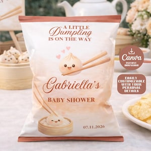 Editable Little Dumpling is on the Way Baby Shower Chip Bag Labels, Banh Bao Sprinkle Chip Bag Wrappers, Dim Sum Baby Shower Party Decor