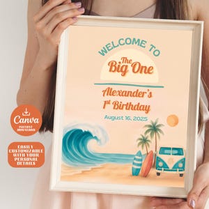 Editable The Big One Birthday Welcome Sign, Surf Theme, Beach Party Decor, Wave Theme, Retro Coastal 1st Birthday Sign, Instant Download