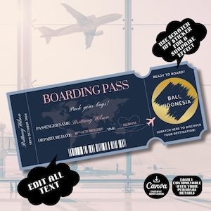 May include: A navy blue boarding pass design with the text "BOARDING PASS" and "Pack your bags!". It includes passenger details, a departure date, and a destination reveal area. A plane graphic is also included.