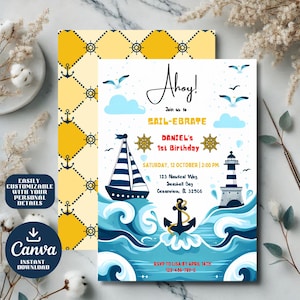 Ahoy! Nautical Birthday Invitation – Sailor Theme First Birthday Party Invitation | Printable Ocean Party Invite | Front & Back Design |