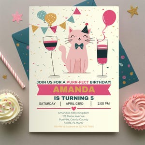 Editable Pink Cat Birthday Invitation Template, Printable Invite, Customizable Design, Birthday Party Invite, Customizable Digital Download