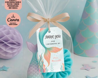 Mermaid Birthday Party Favor Tag | Editable Canva Template | 2x3.5 Inch Thank You Tag | Instant Download | Printable Under the Sea Party Tag