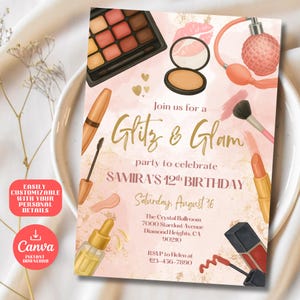 Glitz & Glam Birthday Invitation for Girls, Editable Template, Tween Makeup Party Invite | Pink Gold Spa Party Printable, Instant Download