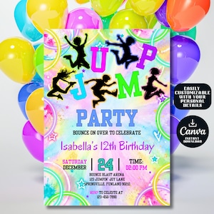 Może przedstawiać: Kolorowa ulotka z zaproszeniem na przyjęcie urodzinowe z sylwetkami skaczących dzieci, neonowym napisem JUMP PARTY oraz szczegółami 12. urodzin Isabelli 24 grudnia o godzinie 14:00, na tle wielokolorowych balonów.