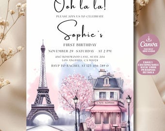 Paris Birthday Invitation Editable French Cafe Paris Party Invitation Digital Download, Eiffel Tower Invitation, Fancy Parisian Cafe Invite
