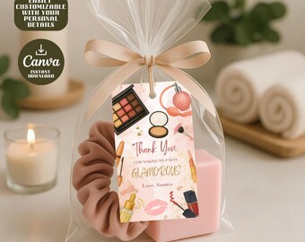 Glamorous Party Favor Tags, Editable Canva Template, 2x3.5” Printable Gift Tags for Spa, Makeup, and Beauty-Themed Parties, Instant Download