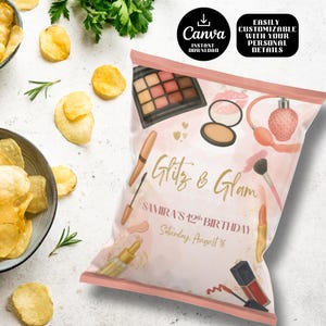 May include: A pink chip bag design with makeup illustrations and the text "Glitz & Glam" in gold. The bag includes a makeup palette, mascara, lipstick, and perfume. The text "SAMIRA'S 12th BIRTHDAY Saturday, August 16" is also present.