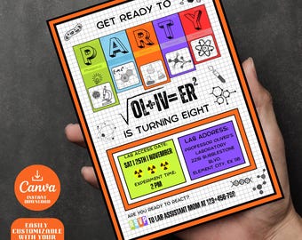 May include: A science-themed party invitation with an orange border, held in a hand. The invitation features the words "GET READY TO PARTY" and "VOL+IV=ER² IS TURNING EIGHT". It includes lab-related graphics and details for the event.
