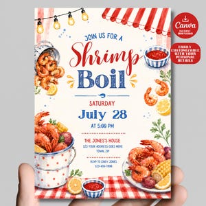 May include: A digital invitation for a shrimp boil featuring watercolour illustrations of shrimp, corn, potatoes, lemon wedges, and a red and white striped awning with string lights. The text reads Join Us For A Shrimp Boil, Saturday July 28 at 5:00 PM.