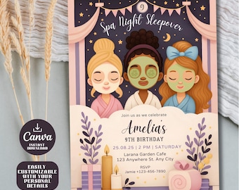 Spa Night Sleepover Invitation | Tween Birthday Party Invite | Spa Birthday Invitation | Slumber Party | Pamper Party Invite, Instant Access