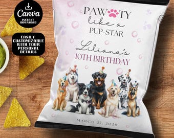 May include: A custom chip bag design with the text "PAWTY like a PUP-STAR" and "Liliana's 10TH BIRTHDAY". The bag features illustrations of various dog breeds. The date "MARCH 27, 2026" is also included.
