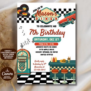Retro Diner Geburtstagseinladung | Bearbeitbare Canva Vorlage | 1950er Jahre Thema | Route 66 Classic Car Party, Printable Rock n' Roll Geburtstagseinladung