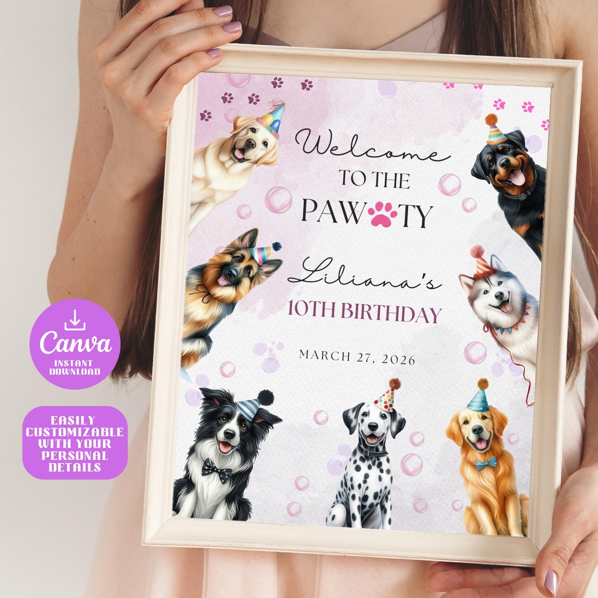 Editable Puppy Party Welcome Sign, Dog Birthday Sign Canva Template ...