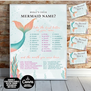 What&#39;s Your Mermaid Name Game, 8.5x11 Editable Template, Mermaid Birthday Party Activity,Under the Sea Game + Print Ready Mermaid Name Cards